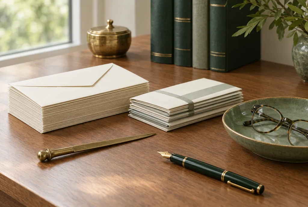 A stack of unopened cream envelopes beside a brass letter opener, a fountain pen and reading glasses on an oak desk