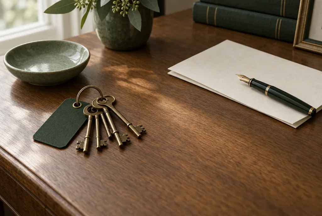 A ring of brass keys on a green tag beside a folded cream letter and a fountain pen on an oak desk