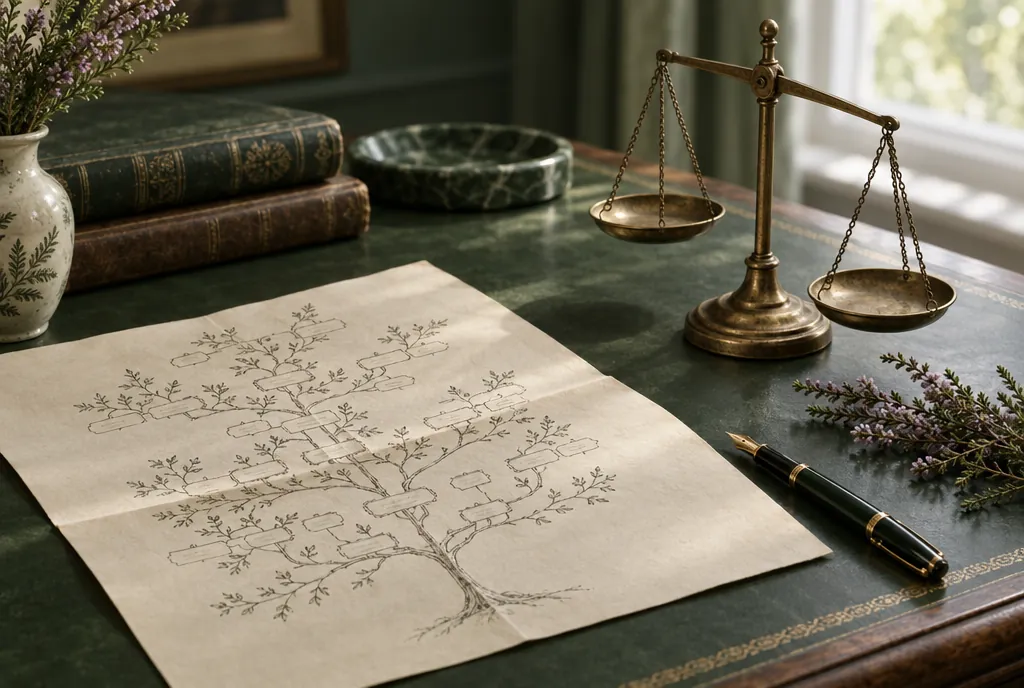 A family tree chart, a brass balance scale and a fountain pen on a green leather desk