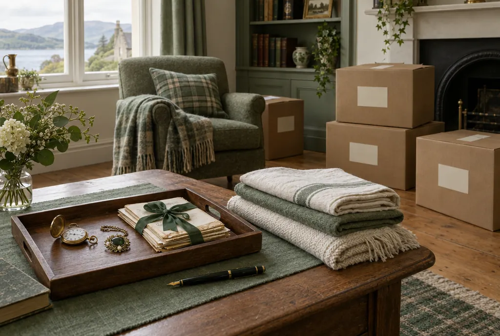 A tidy living room being sorted after a bereavement, with labelled boxes, folded linen and a tray holding a pocket watch and letters tied in green ribbon