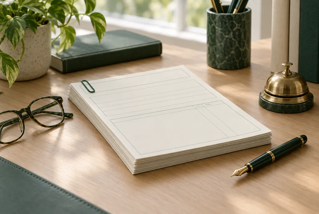 A stack of blank forms with a green paperclip, reading glasses and a fountain pen on an oak desk