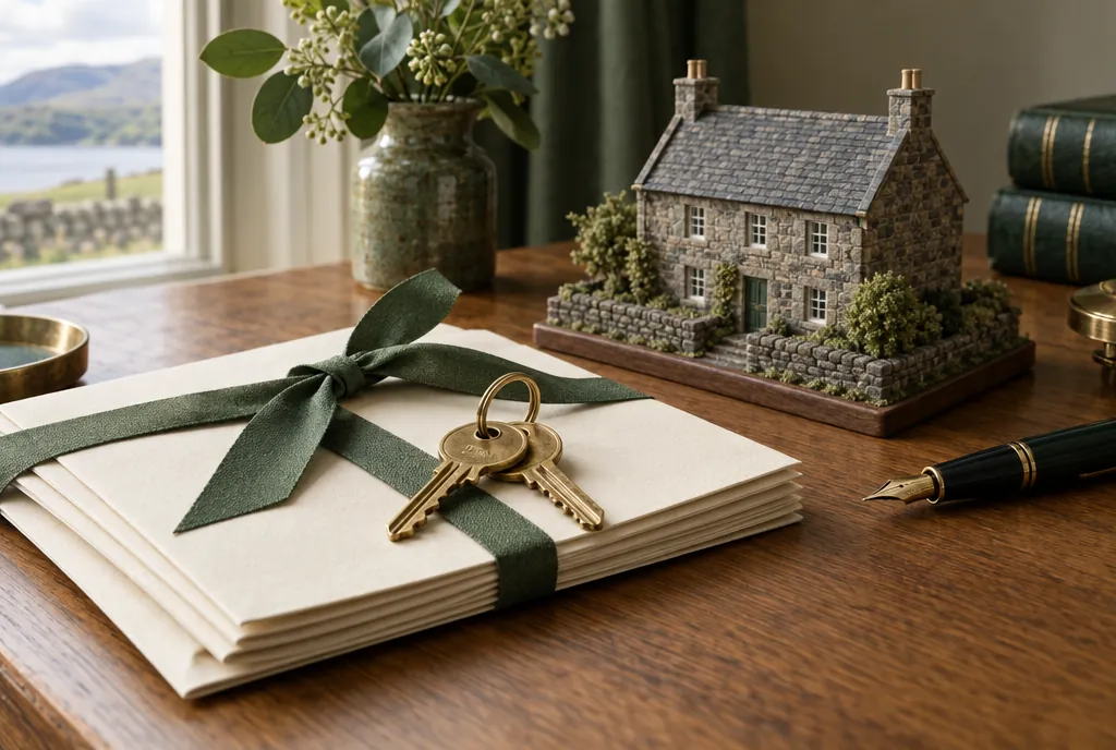 Two brass house keys on a ring resting on cream title deeds tied with green ribbon, with a small model stone cottage and a fountain pen on an oak desk