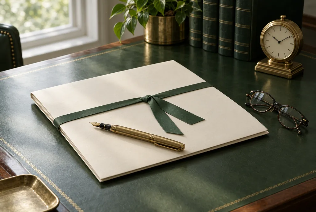 A cream document folder tied with green ribbon on a green leather desk with a brass pen, reading glasses and a small clock