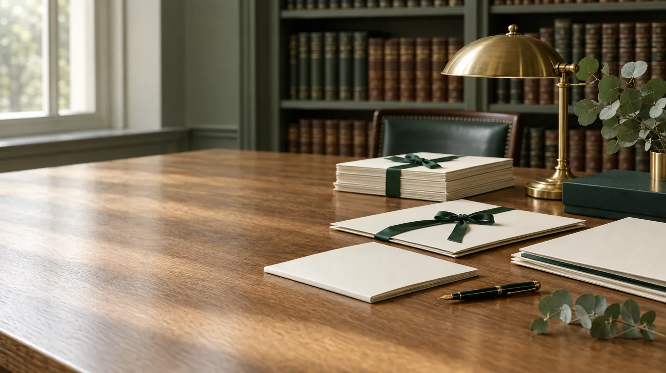 A long oak library table with cream booklets tied in green ribbon, a brass desk lamp and a fountain pen, with law books behind