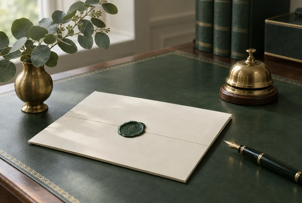 A formal cream document with a dark green wax seal beside a brass bell and a fountain pen on a green leather desk