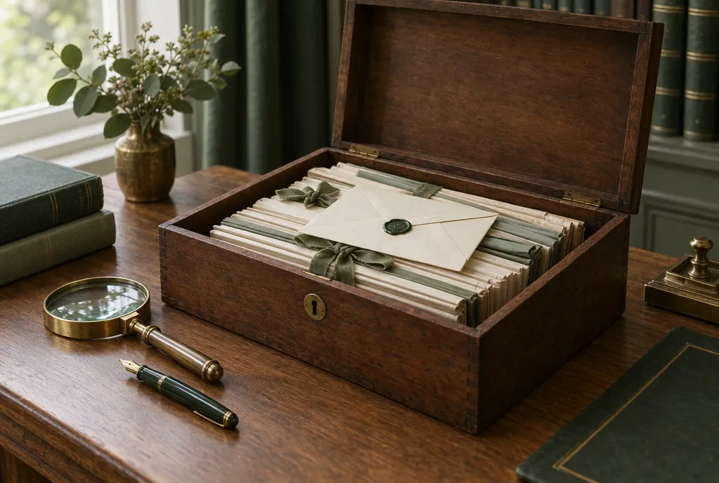 An open wooden document box of papers tied with green ribbon, a sealed envelope, a brass magnifying glass and a fountain pen on an oak desk