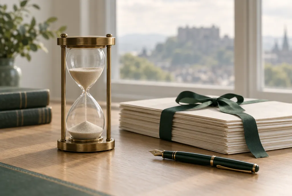 An hourglass beside a stack of legal papers tied with green ribbon on a desk