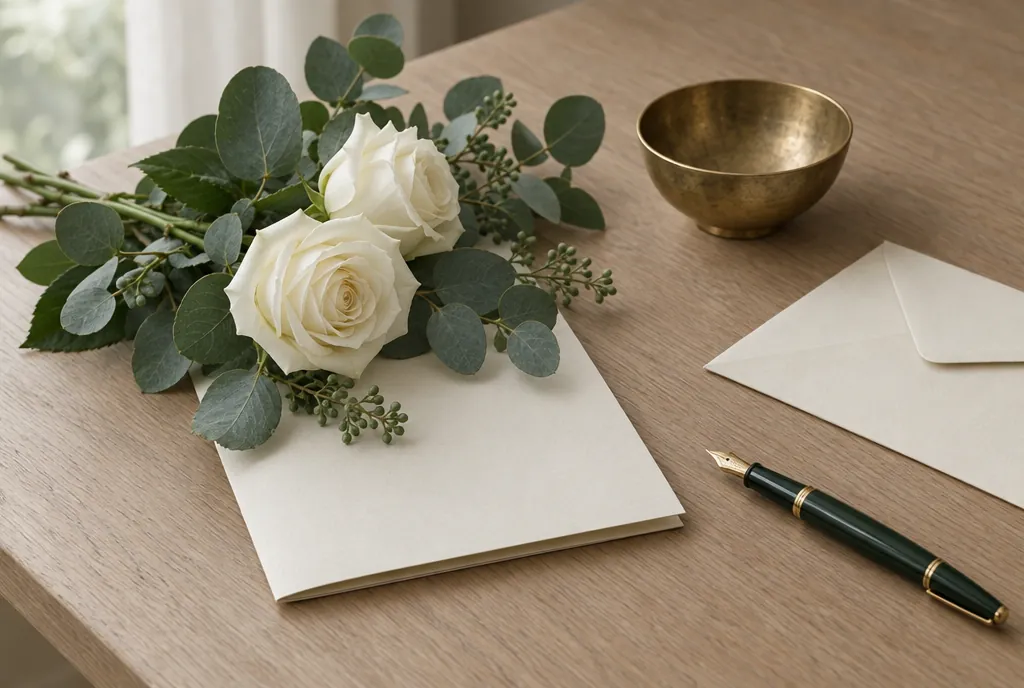 White roses and eucalyptus on a folded cream order of service card beside a brass bowl, a cream envelope and a fountain pen