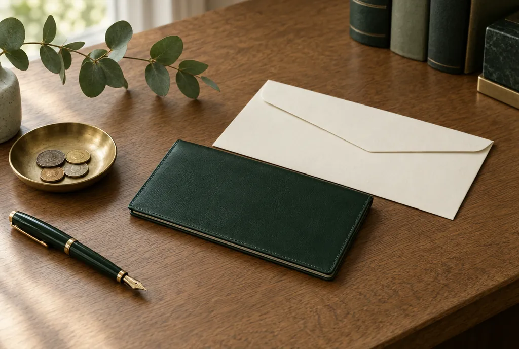 A dark green leather passbook and a cream envelope beside a brass dish of coins and a fountain pen on an oak desk