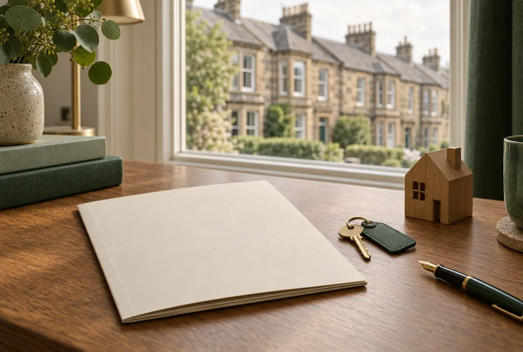 A cream property brochure, a brass house key on a green tag and a small wooden model house on an oak desk, with a sandstone terrace outside
