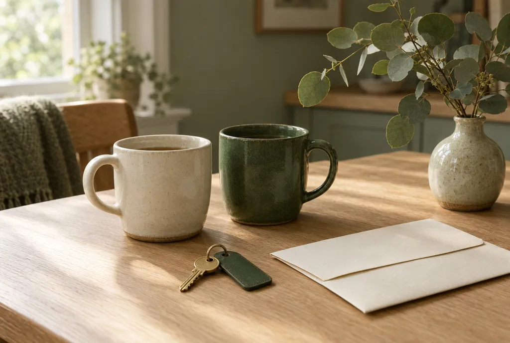 A cream mug and a green mug on an oak kitchen table beside a brass house key on a green tag and a cream envelope