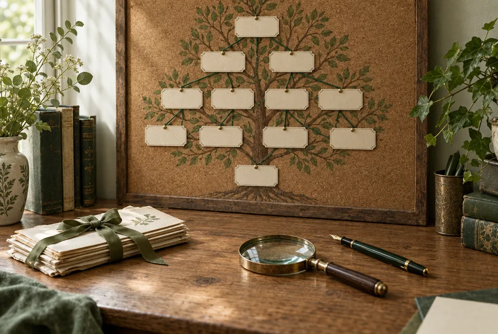 A family tree chart with blank cream name tags on a cork board above an oak desk with a magnifying glass and old letters