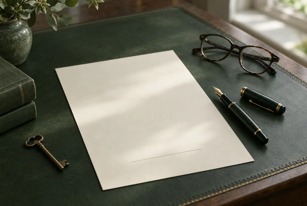 A blank sheet of paper with an empty signature line, a fountain pen and a house key