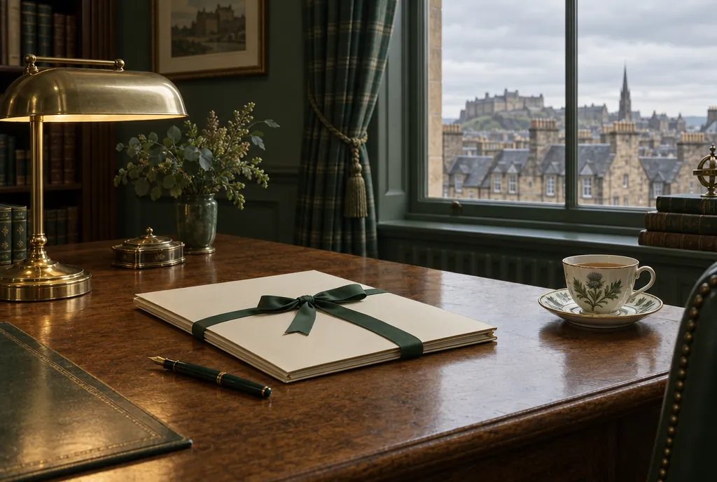 An oak desk in a traditional Scottish office with a closed cream file tied in green ribbon, a fountain pen, a brass lamp and a cup of tea by a window