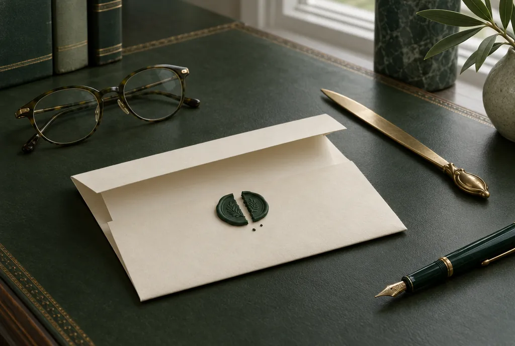 A folded cream document with a broken dark green wax seal, a brass letter opener, reading glasses and a fountain pen