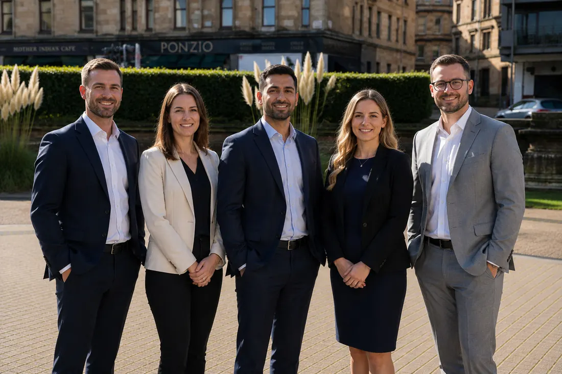 Members of the executry team outside the Woodlands Road office in Glasgow