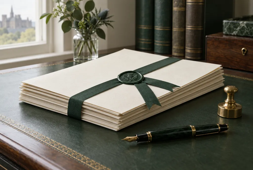 Cream court documents bound with a green ribbon and a dark green wax seal beside a brass fountain pen and stamp on a green leather desk