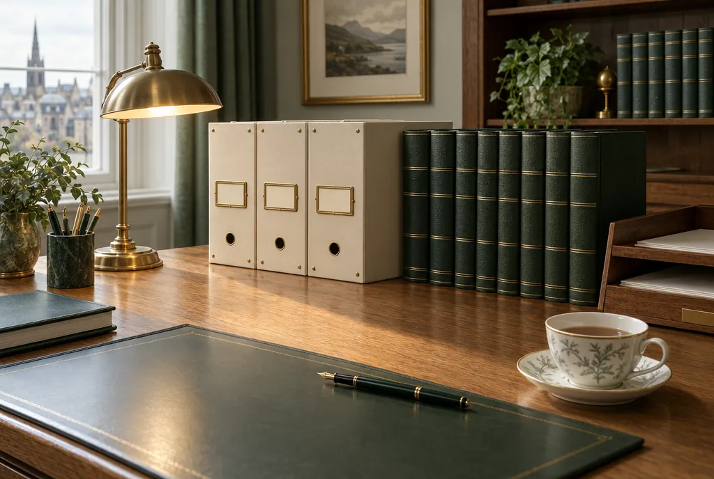 An organised oak desk with cream box files, green leather ledgers, a lit brass desk lamp, a fountain pen and a cup of tea