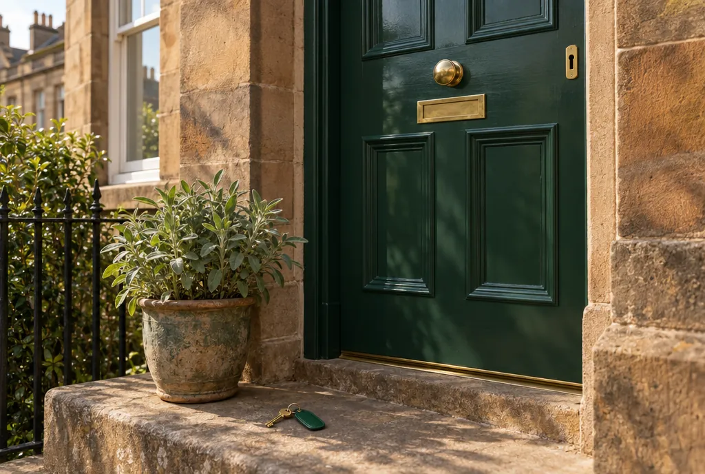The forest green front door of a Scottish sandstone terraced house with brass door furniture and a house key on a green tag on the step