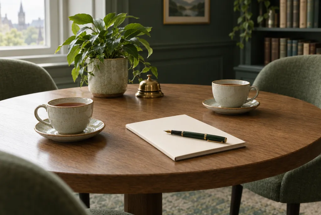 Two cups of tea on a round oak meeting table beside a cream notepad, a fountain pen, a small brass bell and a plant