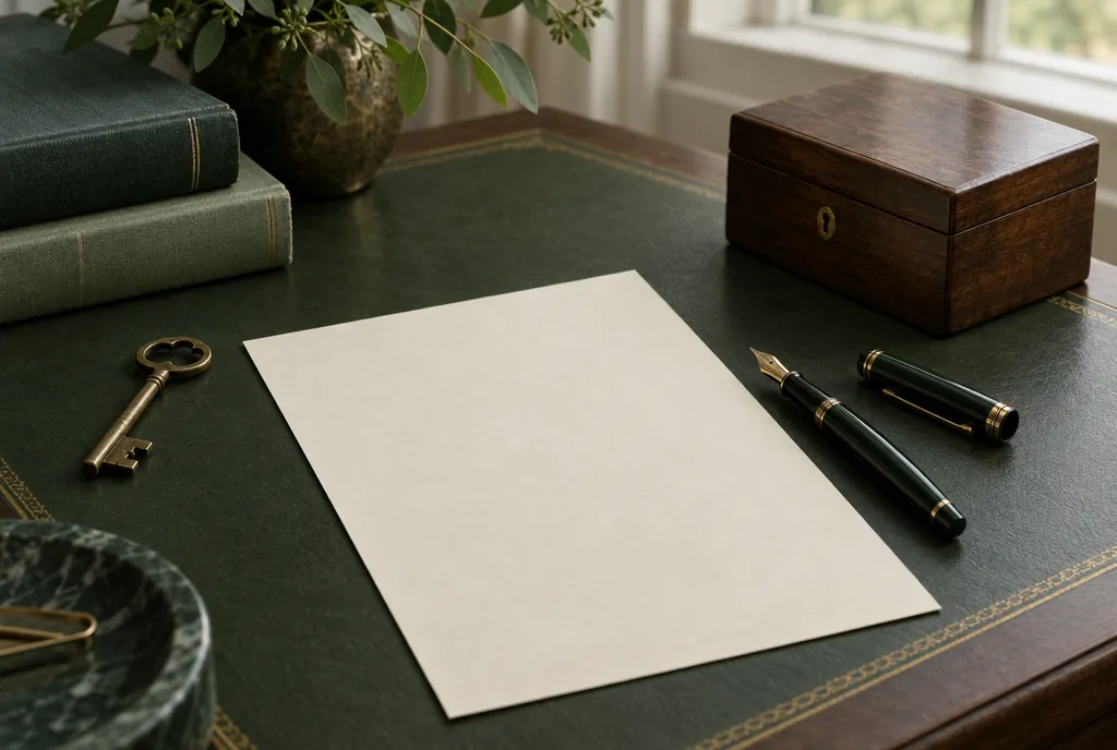 A blank cream sheet of paper on a green leather desk beside an old brass key, a small closed wooden box and an uncapped fountain pen